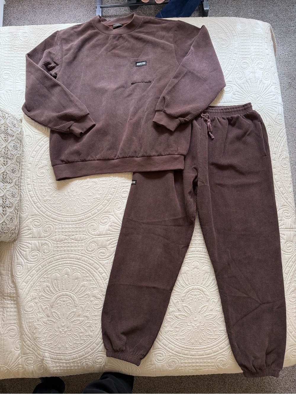 White Fox Book the Jet Cord Sweater & Up and Away Cord Sweatpants in Chocolate